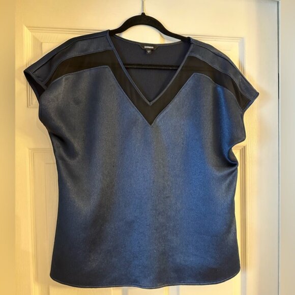 Express Blue Mesh V Neck Blouse - Picture 2 of 5